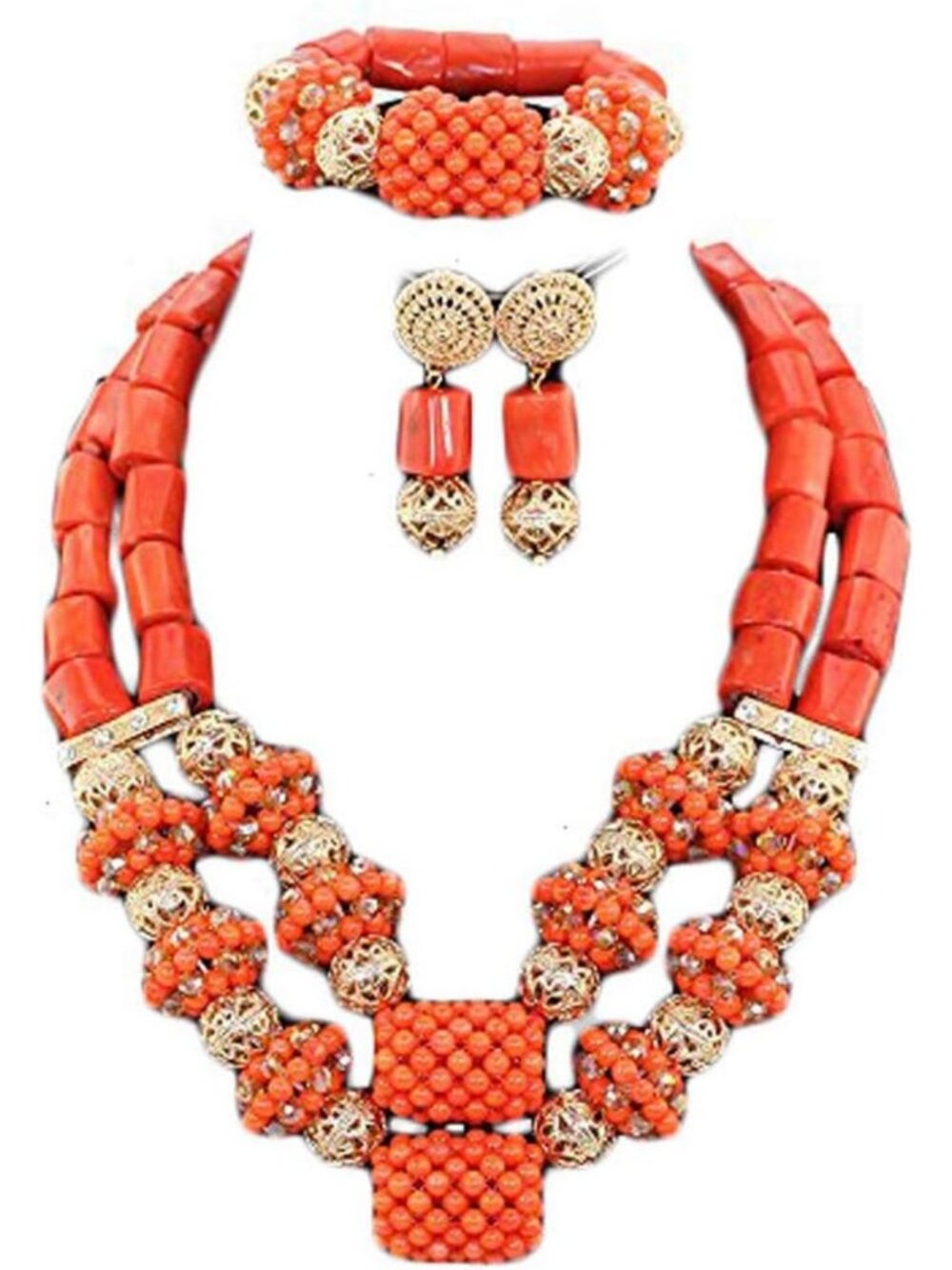 Stunning Coral Bead Jewelry Set - Orange Necklace & Earrings for Bridal & Events